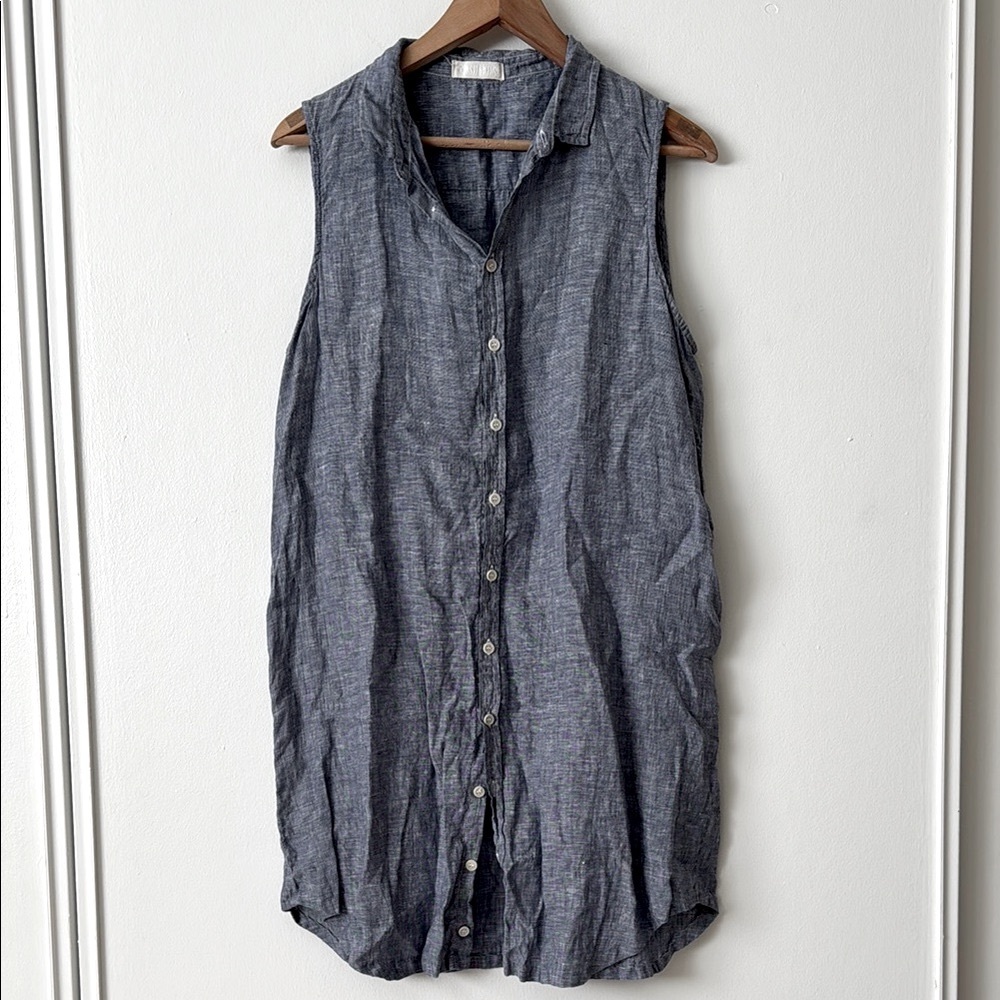 Cp Shades S Sleeveless M Linen Button-Down Chambray Blue Dress